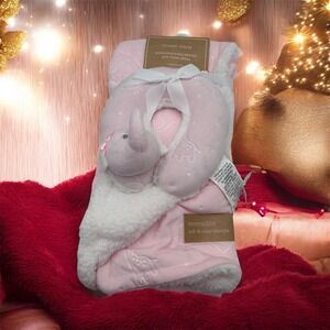 Dream Trails Pink Elephant Baby Blanket with Travel Pillow Reversible Sherpa NEW